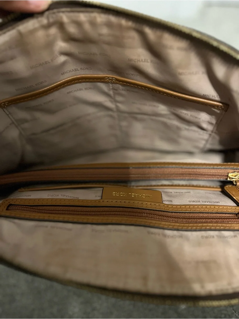 Michael Kors Brown and Tan Logo Satchel with Gold Hardware